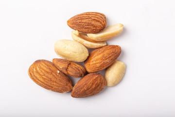 Healthy nuts on White Background. Nuts are a snack food consisting of any mixture of mechanically or manually combined nuts.