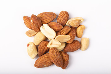 Healthy nuts on White Background. Nuts are a snack food consisting of any mixture of mechanically or manually combined nuts.
