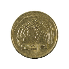 50 south korean won coin (2005) obverse isolated on white background