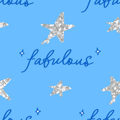 cute fabulous seamless pattern with lettering elements and sparkling stars on blue background, editable vector illustration for kids apparel, decoration, fabric, textile, paper