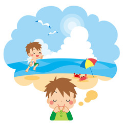 Obraz na płótnie Canvas 夏休みの旅行で海水浴へ行くのを楽しみにしている男の子