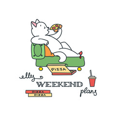 My weekend plans. Doodle illustration of a happy cat eating a pizza on a sofa at home. Vector 8 EPS.