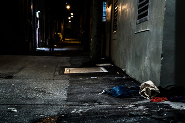 Empty syringes and garbage in an alley in the downtown east side of Vancouver which is plagued by...