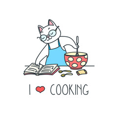 I love cooking. Doodle illustration of a white cat reading a recipe book in a kitchen. Vector 8 EPS.