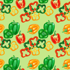 Bell peppers with slices. Vegetable seamless pattern design for market packaging, kitchen textile.