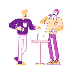 Couple of Men Friends Characters Watching Funny Video on Laptop Laughing and Having Fun Together. Internet Entertainment, Online Viral Content Repost and Share. Linear People Vector Illustration