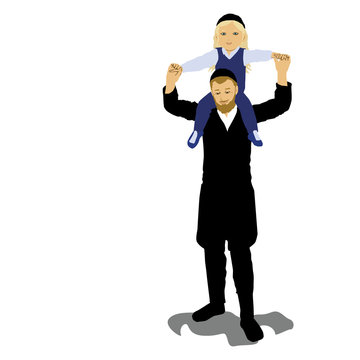 Hasidic father. An ultra-Orthodox Jew raises his little son on his shoulders.
Upsherin celebration - a Jewish party before the boy's first haircut.
Flat vector drawing of an isolated character.