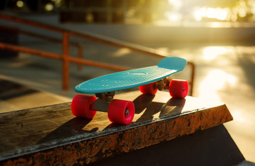 Youth plastic skateboard in a skatepark. Youth Summer Concept