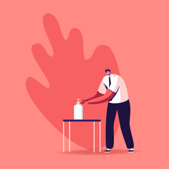 Precautionary Hygienic Measures, Coronavirus Protection Concept. Man Character Washing Hands with Antibacterial Soap, Disinfectant, Sanitizer to Protect of Bacteria Cells. Cartoon Vector Illustration