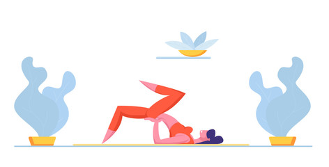 Female Character in Perfect Physical Shape Fitness, Yoga or Aerobics Exercises at Home. Aerobic Training for Good Feeling and Healthy Life, Woman Engage Sport Activity. Cartoon Vector Illustration