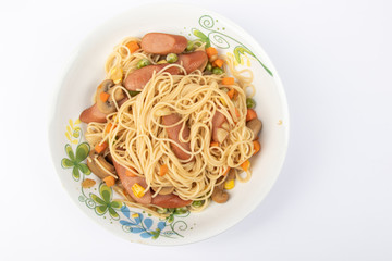 Homemade delicious fried spaghetti on White Background.  