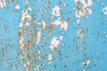 Old cracked blue paint covers the white metal wall. The paint was peeling, cracked, and peeling in places. White spots formed. There are traces of rust. Close-up photo, cropped.