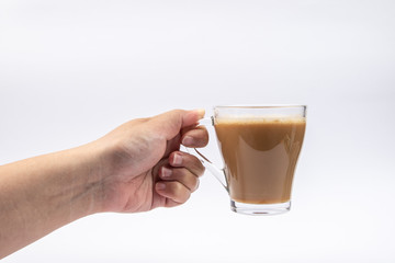 Man hand with A glass of Coffee on White Background.
