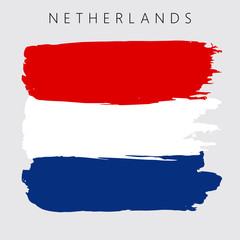 Flag of Netherlands. Vector illustration on gray background. National flag with three colors: blue, white and red. Beautiful brush strokes. Abstract concept. Elements for design. Painted texture.