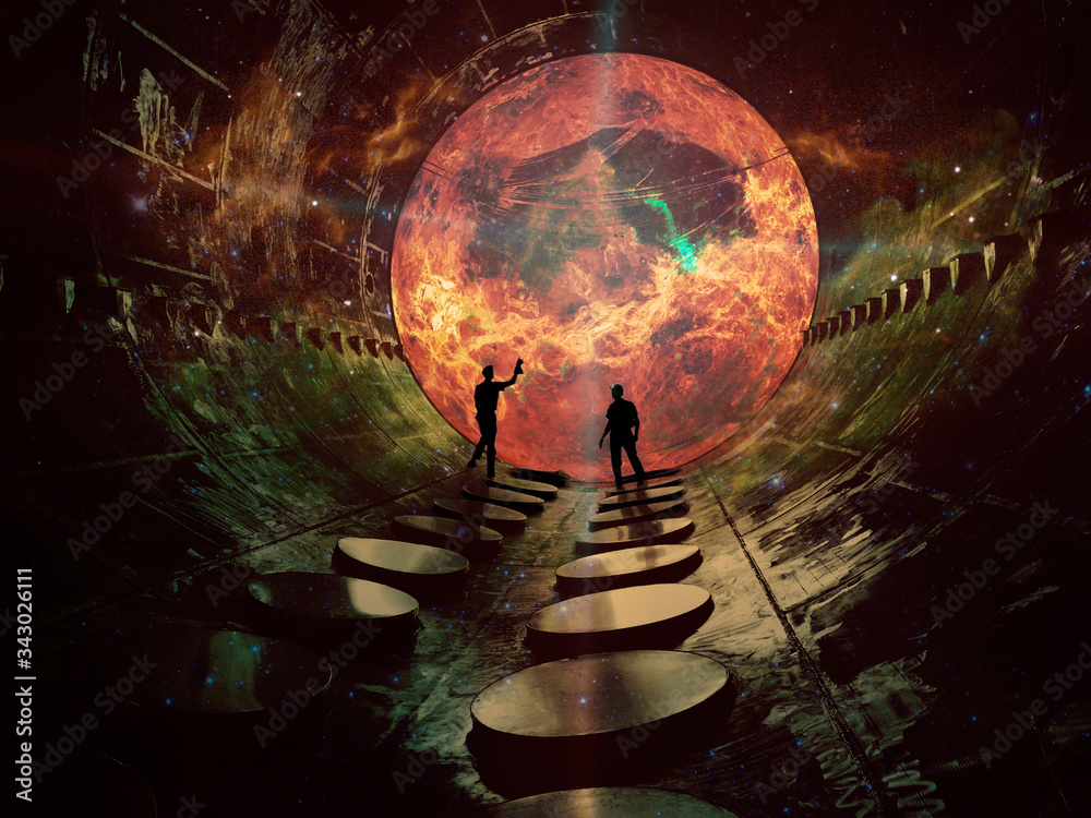 Canvas Prints space researchers stand inside a tech research ship and watch the sun from close range. elements of 