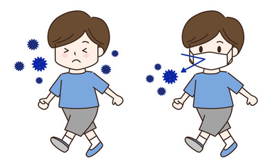 Walking boy wearing a medical face mask to prevent spreading covid-19. Vector illustration isolated on white background.	