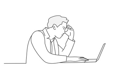 Man thinks and looks at a laptop. Contour drawing vector illustration. Line art.  