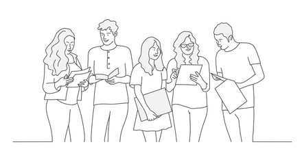 Student meeting. Training. Contour drawing vector illustration. Line art. 