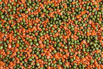 Red lentils and green mash. Natural food. Suitable for background. Vegan. Mix.