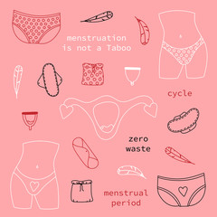 Cute hand drawn elements of women menstruation period theme, feminine hygiene products as panties, pads, menstrual cups