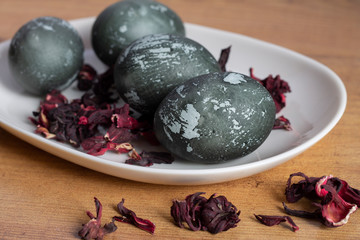Easter eggs on a white plate