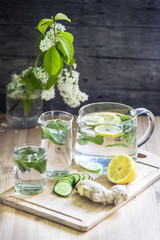 still life detox of ginger, lemon, mint, cucumber on the Board