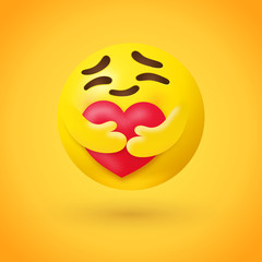 Care emoji - yellow face emoticon with closed eyes hugging a red heart with both hands showing care, support, and presence - 343027969