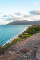 Beach view along Great Ocean Road. Beautiful ocean from road along coast, with beach. Blue ocean sea, white sand, mountain landscape. Travel, roadtrip, holiday, vacation, journey, paradise. Australia.