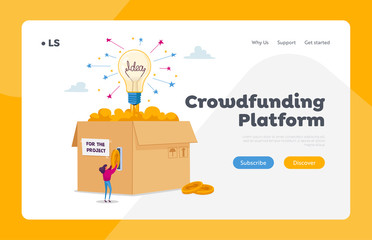 Crowdfunding Philanthropy Landing Page Template. Tiny Female Character Insert Golden Money Coins at Huge Box with Glowing Lightbulb Sponsoring Business Start Up Project. Cartoon Vector Illustration