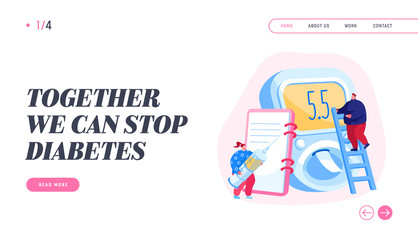 Tiny Characters with High Sugar Level in Blood, Diabetes Landing Page Template. Illness Treatment with Insulin Injection. Awareness, Checking Equipment Diet Control. Cartoon People Vector Illustration