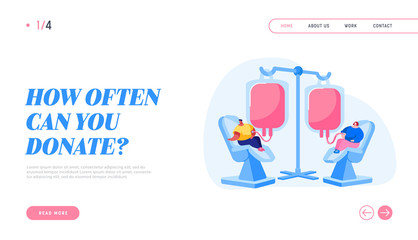 Blood Donation Landing Page Template. Characters Donate Blood for Diseased People in Hospital. Lifeblood Pouring into Plastic Container. Donors Sitting in Medical Clinic. Cartoon Vector Illustration