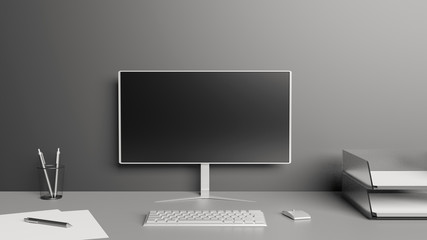 Desktop with a white computer screen, keyboard, mouse, papers and pens