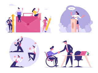 Set of Businessmen and Businesswomen Characters at Huge Briefcase, Woman Speaking on Tribune, Man Yelling Yeah, Gesturing. Disabled Employment, Victory Celebration. Cartoon People Vector Illustration