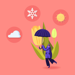 Cold and Freezing Spring Weather Concept. Tiny Female Character Carry Huge Umbrella with Snowflake, Cloud and Sun at Blooming Tulip Flower and Low Temperature Outside. Cartoon Vector Illustration