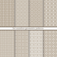 Set geometric seamless patterns. Abstract geometric backgrounds brown color. Vector illustration. Collection repeating textures. Elegant ornament. Modern design paper, wallpaper, textile, cover, print