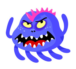 Angry Monster with Roaring Face, Sharp Teeth and Many Feet. Worm, Germ, Alien or Bacteria with Blue Body with Pink Crest Isolated on White Background. Cartoon Vector Illustration, Icon, Clip Art