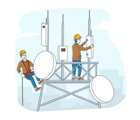 Fototapeta na wymiar Workers Character Wearing Uniform and Hard Hats Installing Equipment for 5G Internet on Transmission Telecommunication Tower. High-speed Communication Technologies. Linear People Vector Illustration