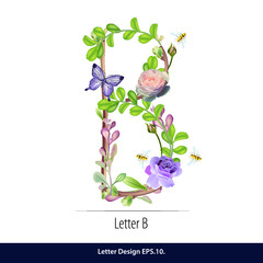 Vector of Floral Watercolor Alphabet. Letter B Made of Flowers. Typographic, Monogram.