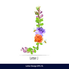 Vector of Floral Watercolor Alphabet. Letter J Made of Flowers. Typographic, Monogram.