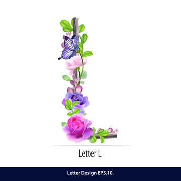 Vector of Floral Watercolor Alphabet. Letter L Made of Flowers. Typographic, Monogram.