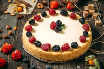 Closeup on sweet dessert cheese cake with berries