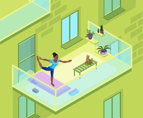 Home yoga with african woman doing physical fitness exercise on the balcony of an apartment building, isometric 3d isometric vector illustration with sport training, relaxation and meditation