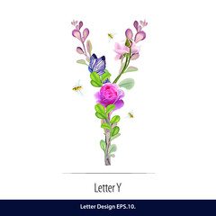 Vector of Floral Watercolor Alphabet. Letter Y Made of Flowers. Typographic, Monogram.