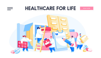 Pharmacy, Clinic, Hospital Landing Page Template. Pharmacist Doctor Characters with Huge Pill Boxes and Medical Drugs. Healthcare Staff at Work, Medicine Occupation. Cartoon People Vector Illustration