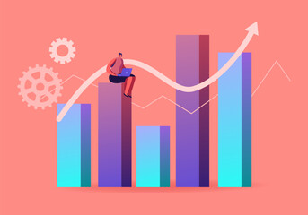 Science Statistics or Audit Analysis Inspection Concept. Woman Character with Laptop Sit on Huge Column Chart Analysing Accounting Data, Earnings, Savings, Loan or Credit. Cartoon Vector Illustration