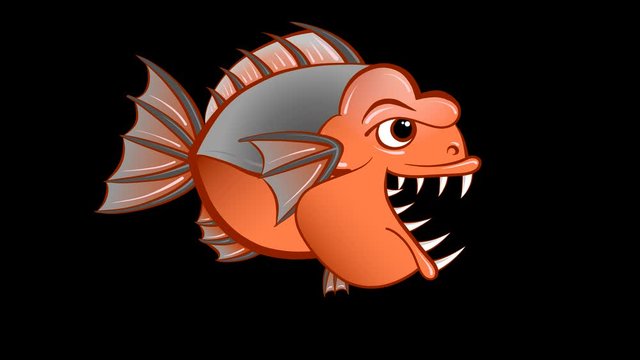 An animated picture of a predatory fish with a large mouth and teeth with an alpha channel and a black and white brightness mask for cutting out the background during video editing. Looping video.