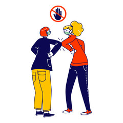 Characters Greeting Each Other with Elbows Instead of Handshake. Friends or Colleagues Alternative Non-contact Greet During Covid19. Health Safety, Social Distancing. Linear People Vector Illustration