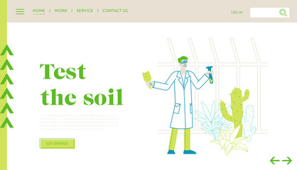 Agriculture, Farming Industry, Botany Science Landing Page Template. Botanist Scientist Character in Greenhouse with Test Tube Learning Exotic and Rare Plants Species. Linear Vector Illustration