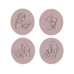 Hand drawn mother with her baby. Stylized outline symbol. Motherhood, love, mother care. Silhouette, icon, logo, sign, doodle, flat image. Vector illustration