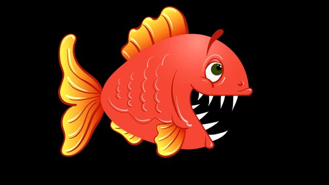 An animated drawing of a red fish with a large mouth and teeth with an alpha channel and a black and white brightness mask for cutting out the background during video editing. Looping video.